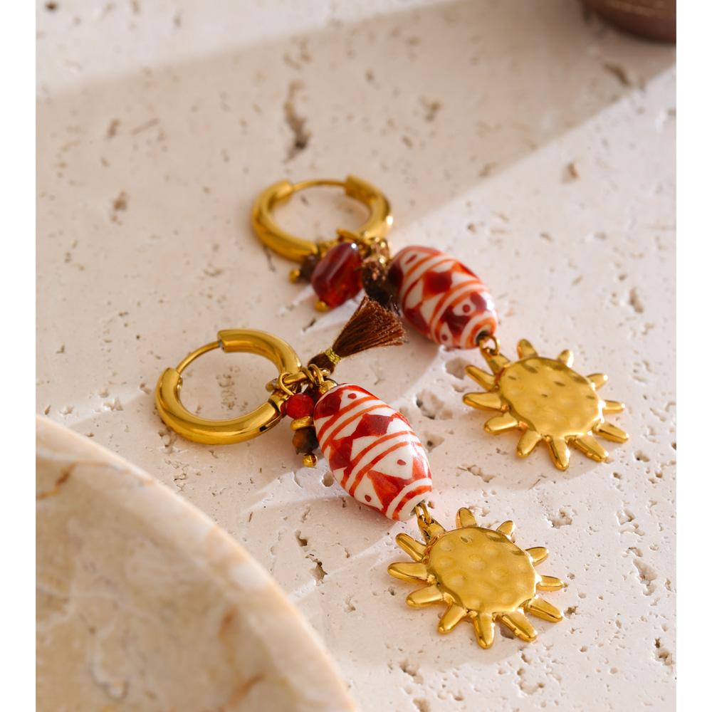 Yhpup New Style Stainless Steel France Ceramic Sun Small Drop Dangle Hoop Earrings Exquisite Fashion 2026 Handmade Jewelry Gift