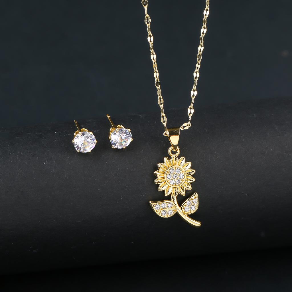 2pcs Sparkling Crystals Botanical Sunflower Necklace Earrings Jewelry Set for Woman New Fashion Casual Party Jewelry GirlGift