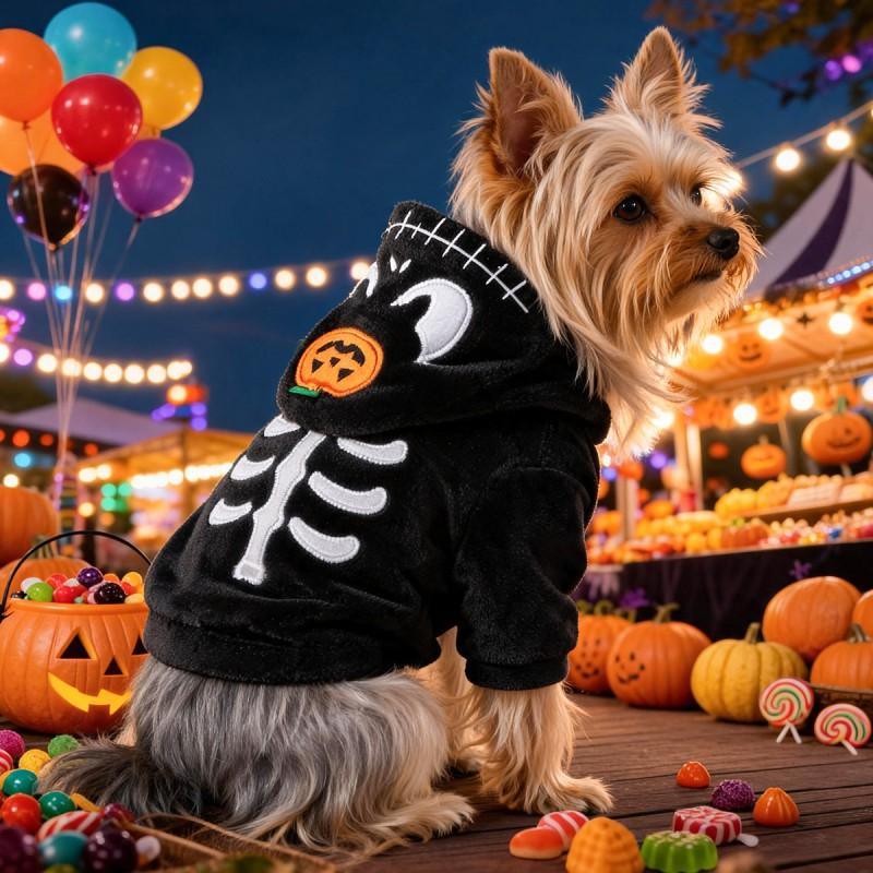 Halloween Pet Costume Hoodie With Skeleton Ghost Design Small Dogs Cats Winter Outfit