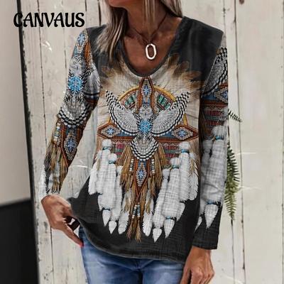 Женская футболка с длинным рукавом и круглым вырезом в винтажном стиле