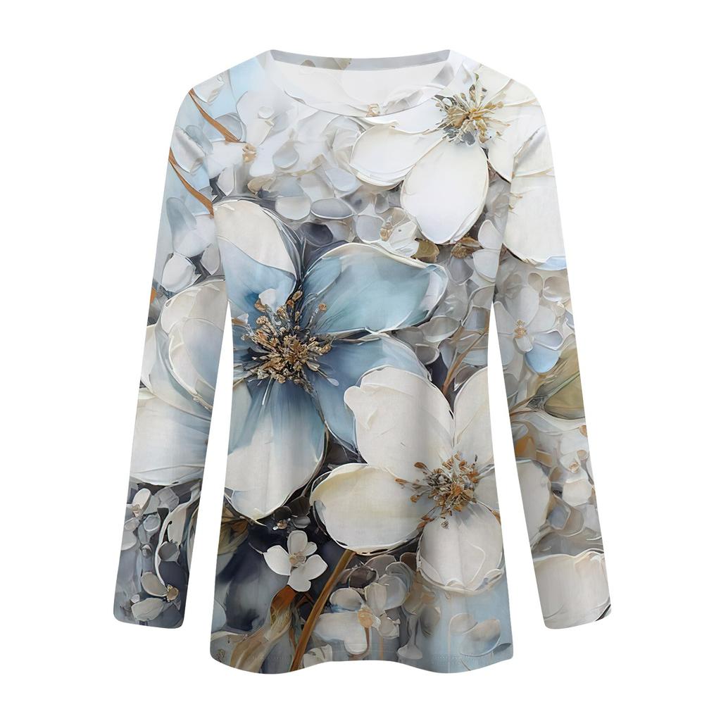 Женская мода повседневный топ с длинным рукавом и круглым вырезом с цветочным принтом