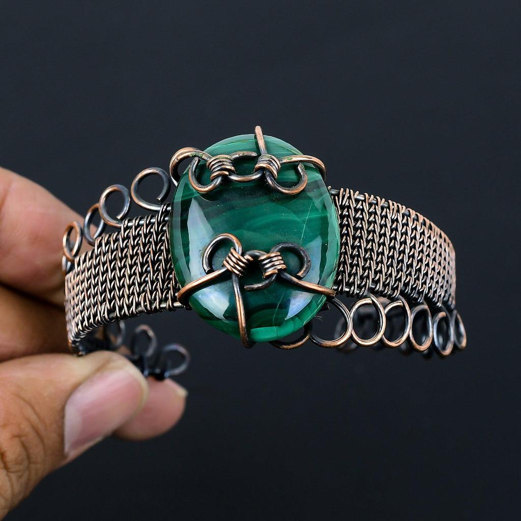 Причудливый малахитовый драгоценный камень из чистой медной проволоки, обернутый вручную манжетой/браслетом, ювелирные изделия