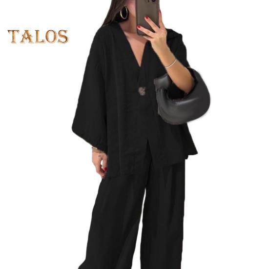 Женский комплект из двух частей из хлопка и льна, топ с длинным рукавом и V-образным вырезом на пуговицах, широкие брюки, повседневная домашняя одежда