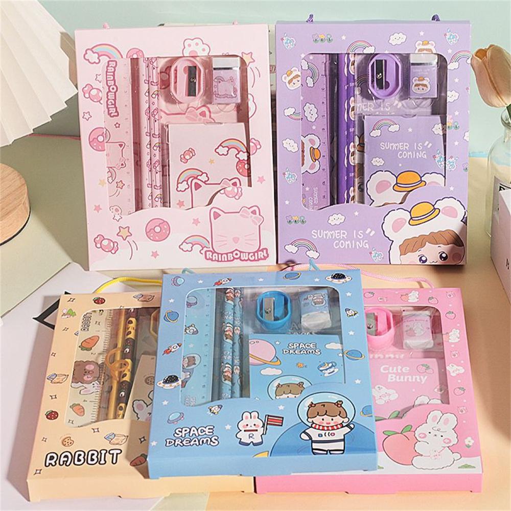 Portable 6-in-1 Stationery Set Cartoon Rabbit Bear Student Stationery Bag Pencil Eraser Sharpener Kindergarten School Supplies
