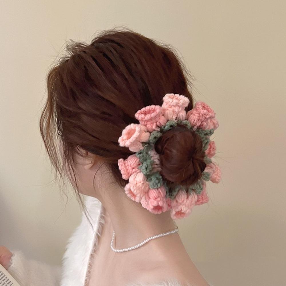 Elastic Crocheted Flower Scrunchies Handmade Sweet Hair Tie Cute Knitted Hair Rope Ponytail Band