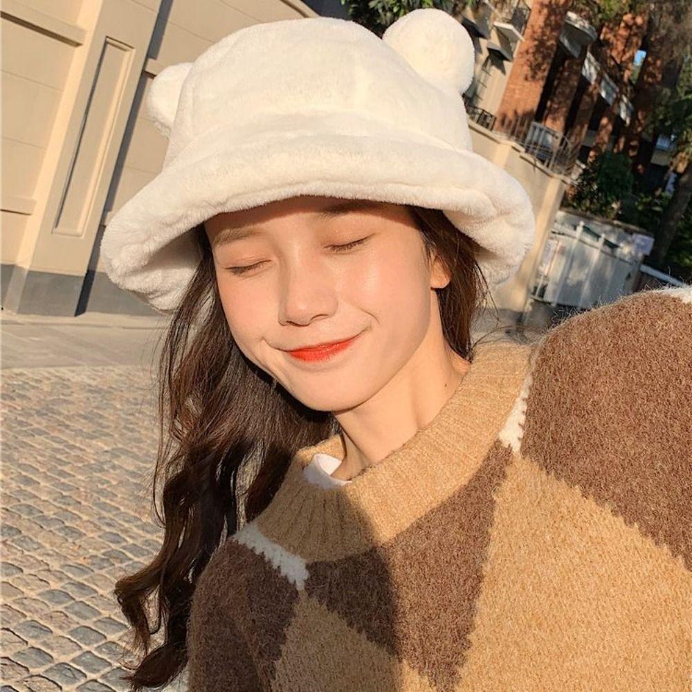 Solid Color Plush Fisherman Caps Bear Ears Basin Hat New Wool Cap Women
