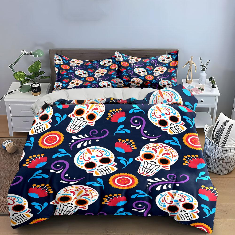 Colorful Skull & Floral Bedding Bedding Duvet Cover Set Duvet Cover Pillowcases (1 * Duvet Cover 2 * Pillowcases, without duvet insert)