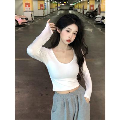 Осенняя новинка Pure Wind Spice Girl Big U Neck Slim Slim Short White Long Sleeves T Shirt Top Женская мода