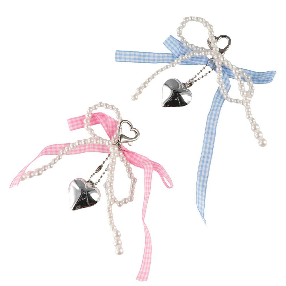Pearl Plaid Ribbon Bow Key Chain Bag Pendant Phone Pendant Kawaii Balletcore Keychain  Bag Hanging