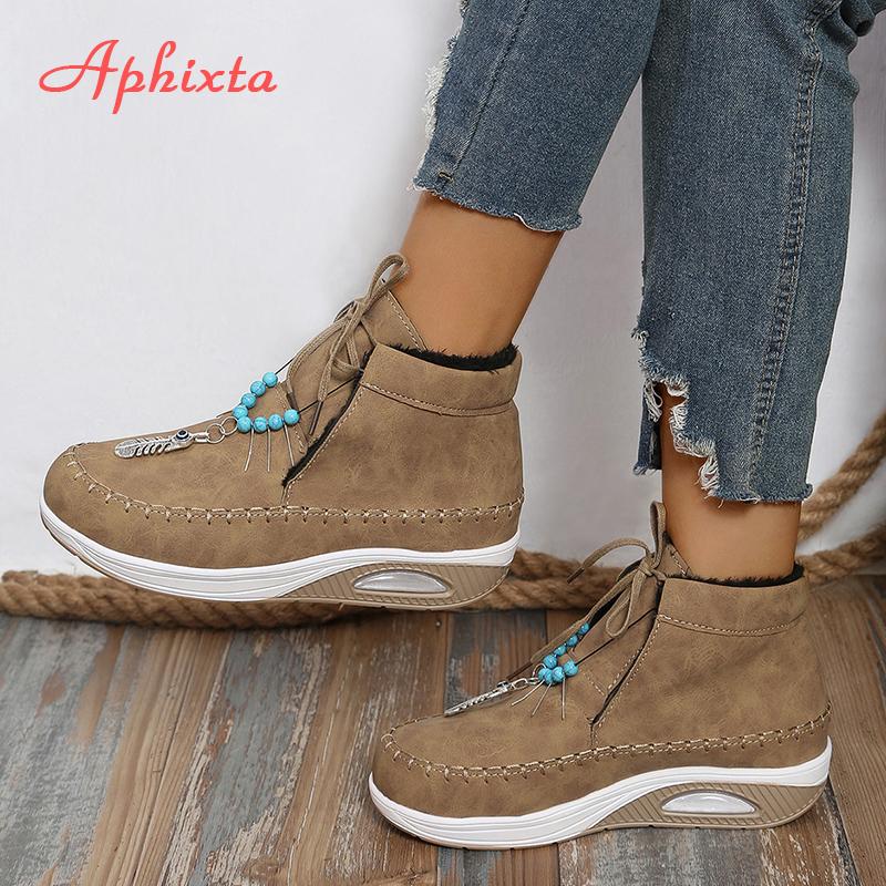 Aphixta Plush Lining Warm Winter Shoes Woman Lace Up Height Increasing Chunky Sole Ankle Boots Ethnic Big Size 43