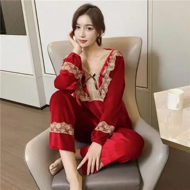 Осенний Холодный Сезон Стиль Кружевная Девятиquarter Рукав Топ Широкие Штаны Домашняя Одежда Домашнее Платье Леопардовый Принт Канареечный Бархат Пижама Комплект Для Женщин