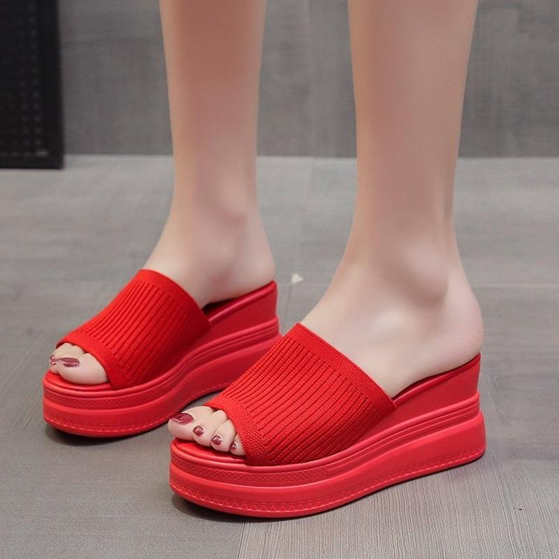 Эластичная ткань летние женские сандалии с открытым носком танкетки тапочки женские на высоком каблуке платформы шлепанцы повседневные женские туфли на высоком каблуке