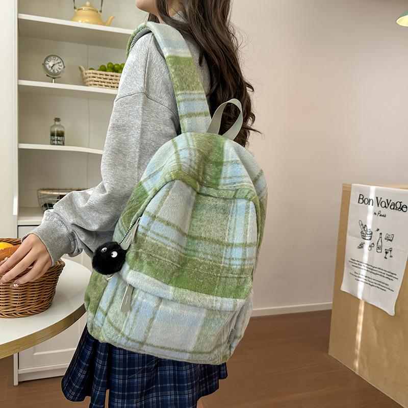 Шерстяной клетчатый школьный рюкзак для студента, большой вместимости, женский рюкзак