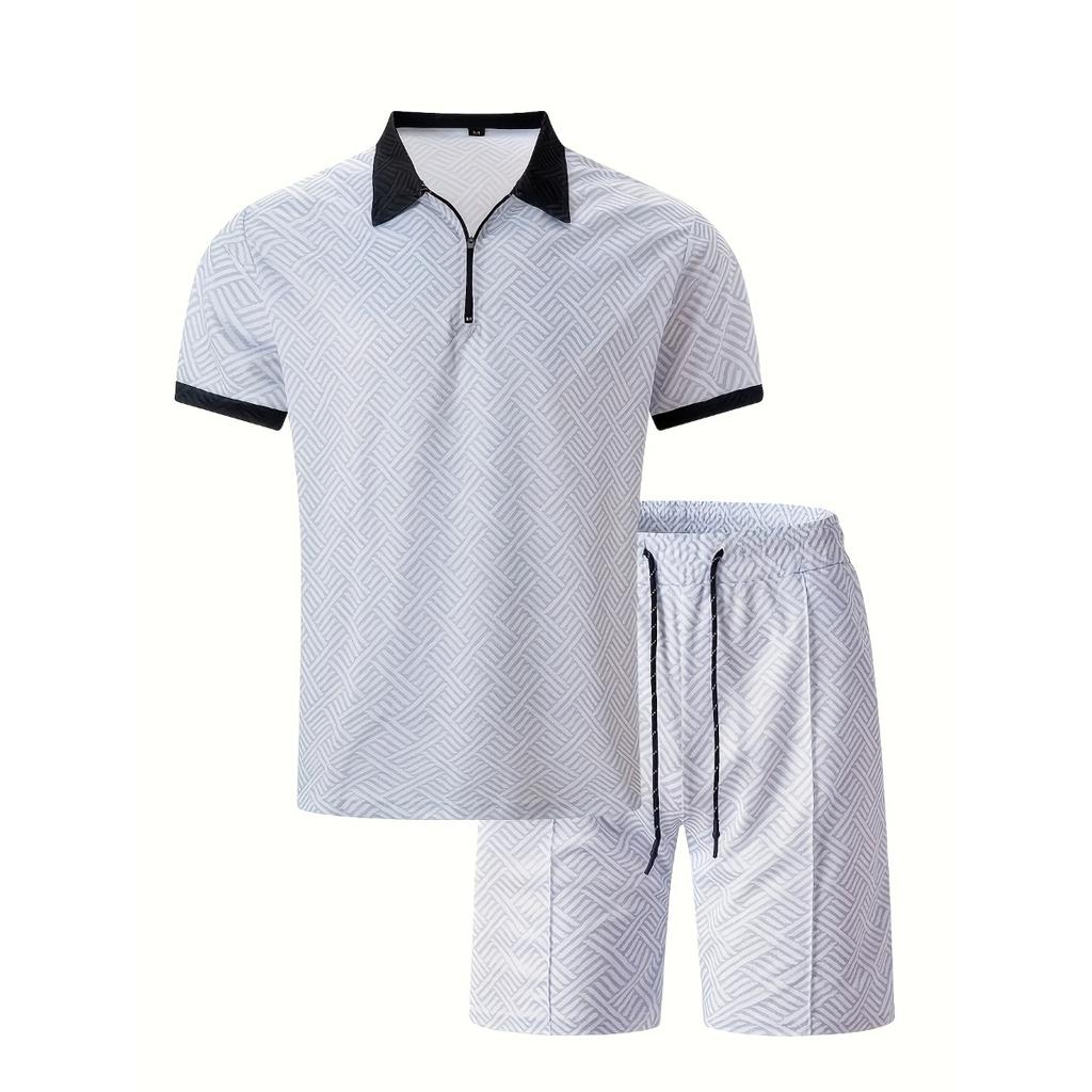 Мужской повседневный костюм с тропическим принтом - черная рубашка с коротким рукавом на молнии и белые шорты с карманами, полиэстер, машинная стирка