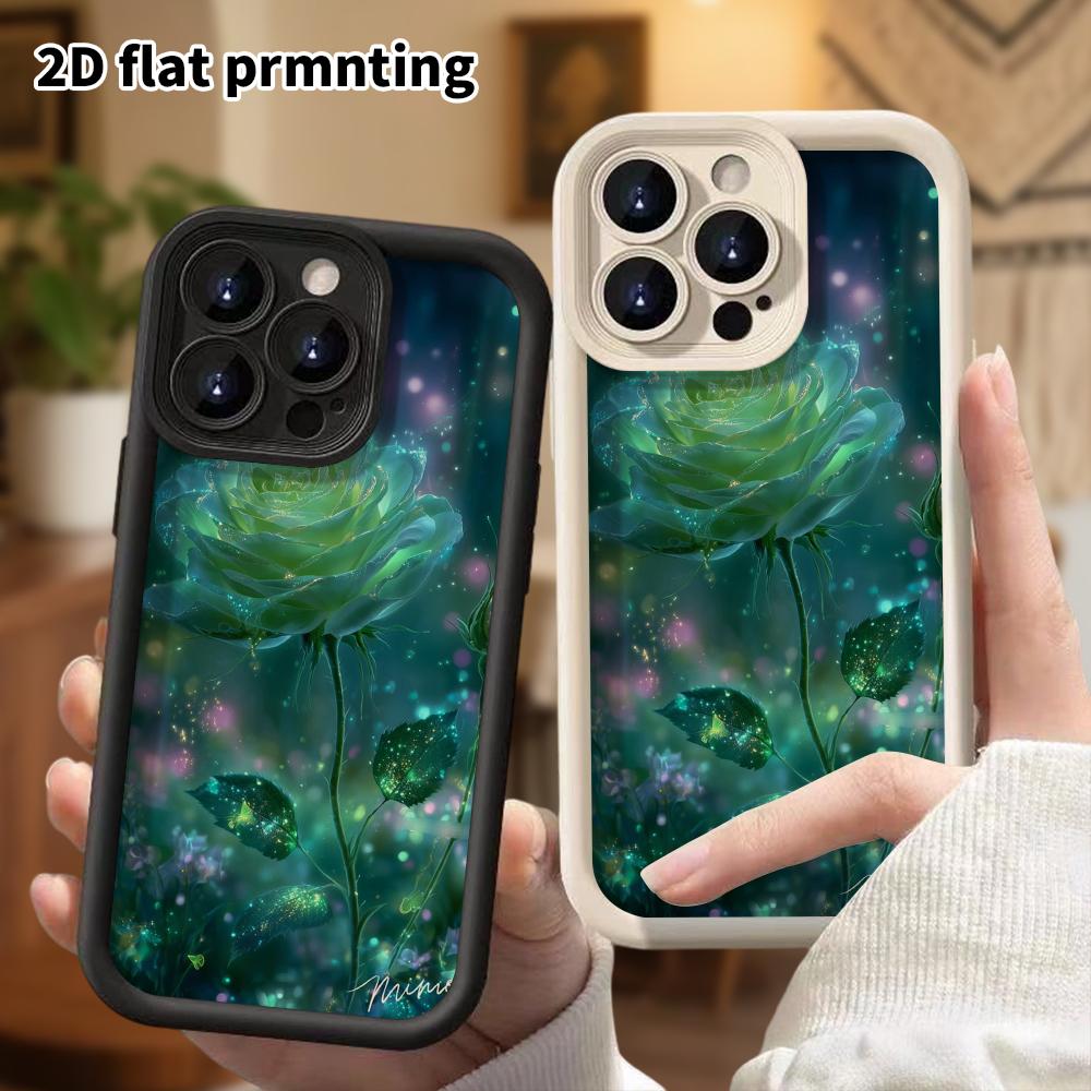Phone case: 2D flat design suitable for iPhone 18 17 16 15 14 13 Pro step protection case, green rose, Christmas and Halloween gift