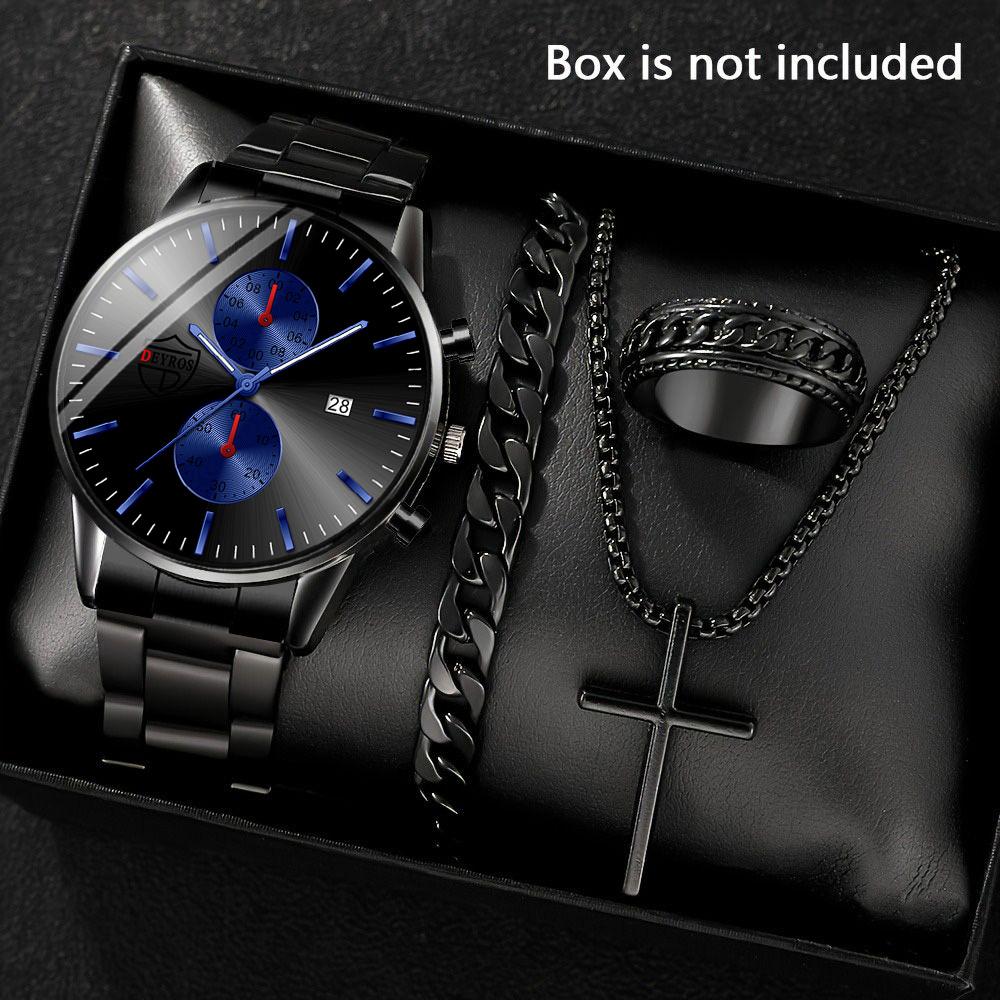4pcs/set Simple Hands Round Black Quartz Watch and Black Cross Pendant Necklace, Ring, Bracelet Set, Gift To Him