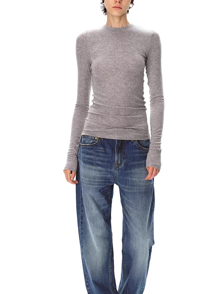 Женская приталенная футболка с длинным рукавом в стиле ретро из легкой американской шерсти и тенселя - Приятный к коже и эластичный базовый слой