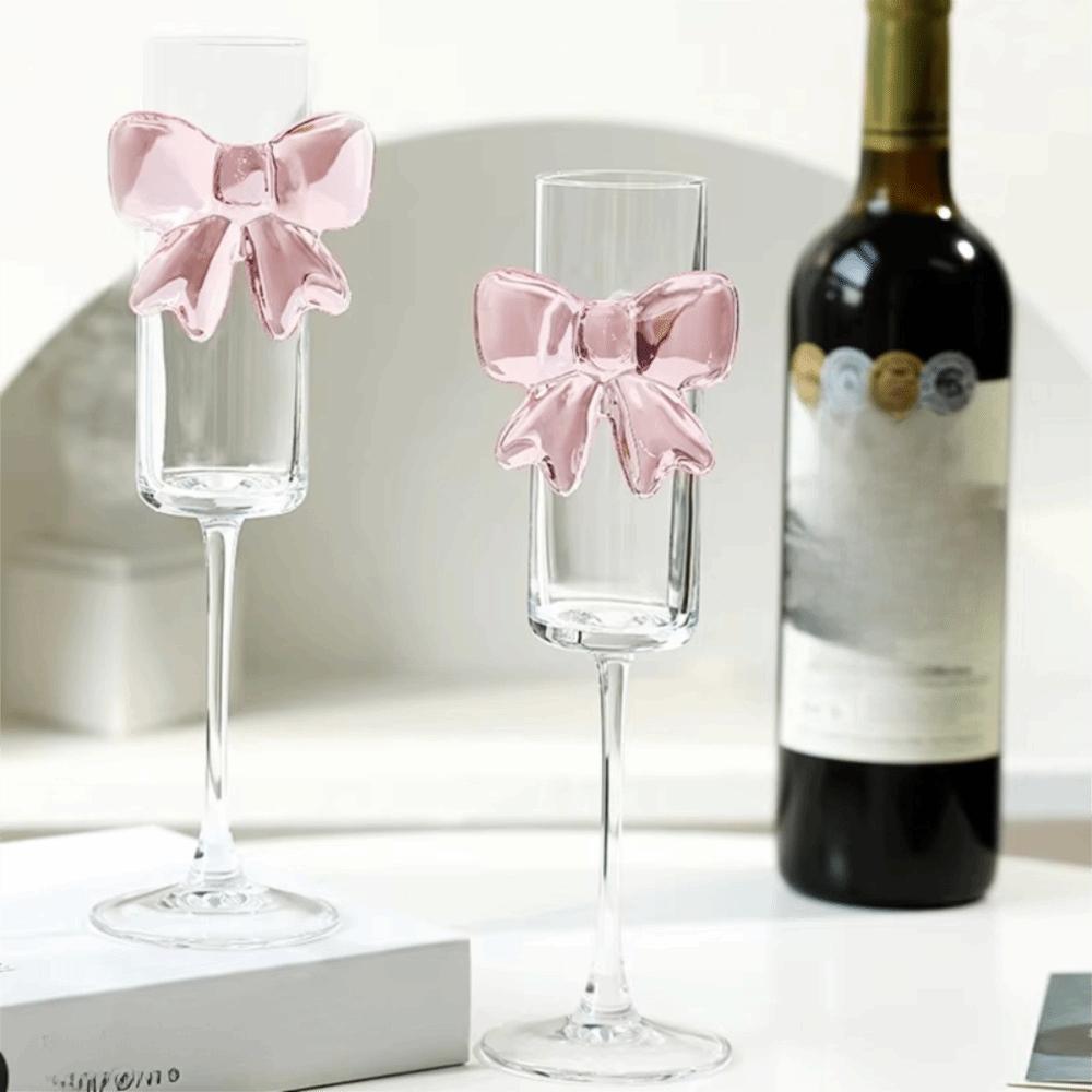 2 pieces Clear Pink Bow Champagne Glass Ultra Thin Goblet Creative Drinking Glasses Party Supplies