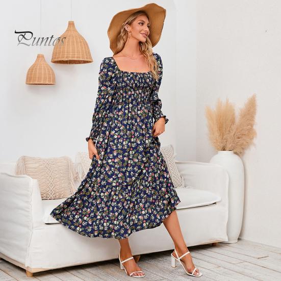 Женское платье с длинными рукавами, цветочным принтом, А-силуэтом, квадратным вырезом, миди-платьем, эластичным бюстом, открытой спиной, плиссированным подолом, весна-осень