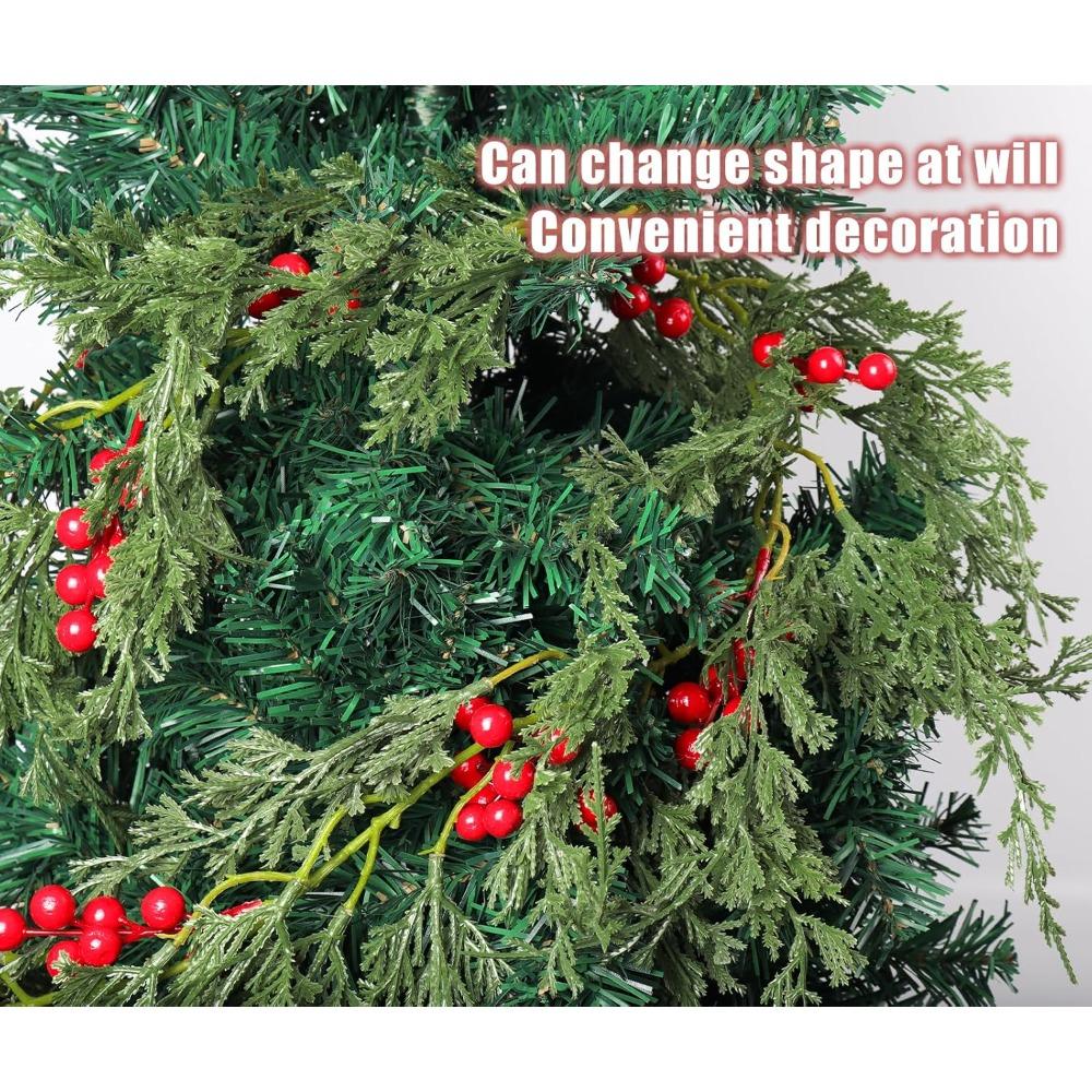 Christmas Garland 6FT Artificial Cedar Pine Garland Realistic Winter Greenery with Red Berries Garland for Christmas Party Xmas Table Mantle Wall Room