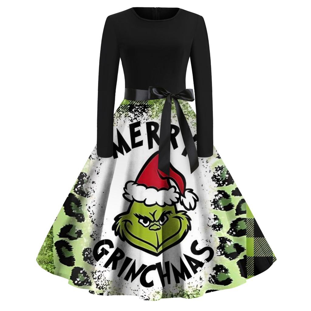 Women's Christmas Print Flare Dress For Women Long Sleeve Dress Party Casual Dresses