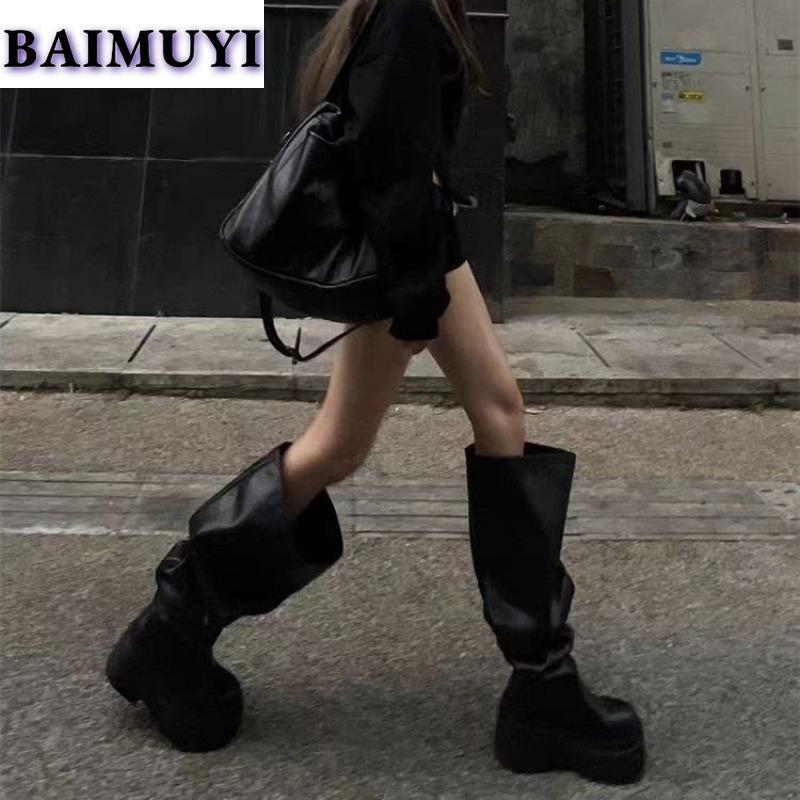 Сапоги на платформе до колена, женские туфли на высоком каблуке в готическом стиле, роскошные туфли-челси 2025 года, дизайнерские плиссированные кожаные зимние ботинки для снега