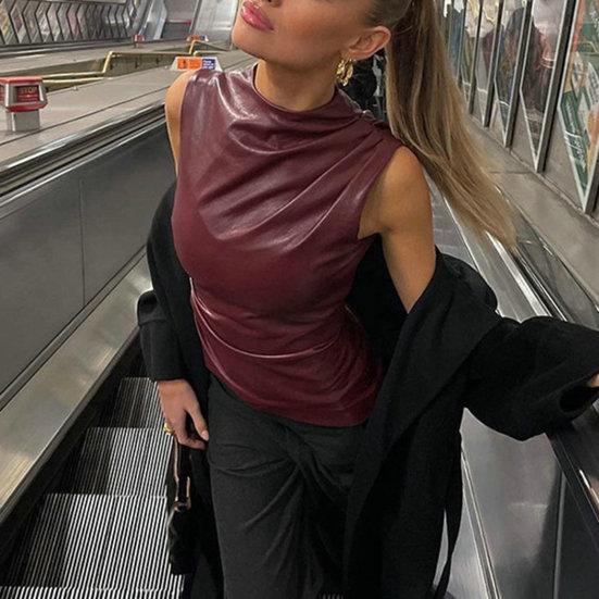 Женский модный мотоциклетный жилет с воротником без рукавов и застежкой-молнией, украшения, топы с неровным подолом, эластичный топ из искусственной кожи