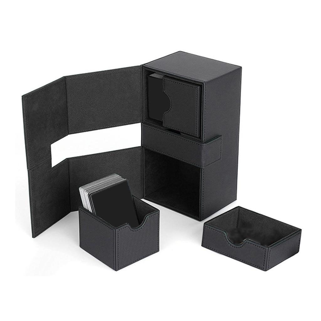 Card Deck Box with 3 Drawers Large Capacity Magnetic Closure PU Leather Game Card Storage Box for Holding Over 200 Cards