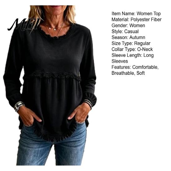 Loose Fit Women Tops Fall O-Neck Shirt, Casual Fringe Blouse, Solid Breathable Top Color Ruffle Long Sleeve Pullover with Tassels Office Wear Shirts