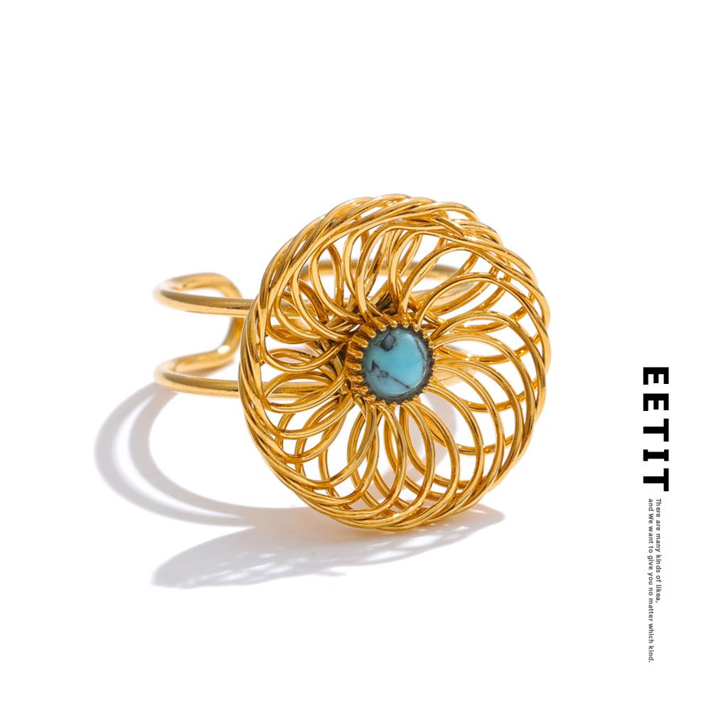 Eetit Trending Stainless Steel Natural Stone Flower Hollow Adjustable Ring 18K Golden PVD Plated 2025 Finger Jewelry Gift