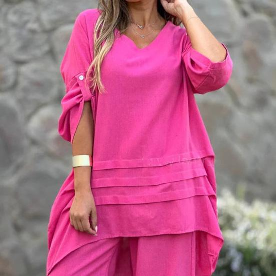 2 шт./комплект женский повседневный наряд с круглым вырезом и рукавом 3/4 средней длины топы с эластичной талией широкие длинные брюки комплект однотонная домашняя одежда