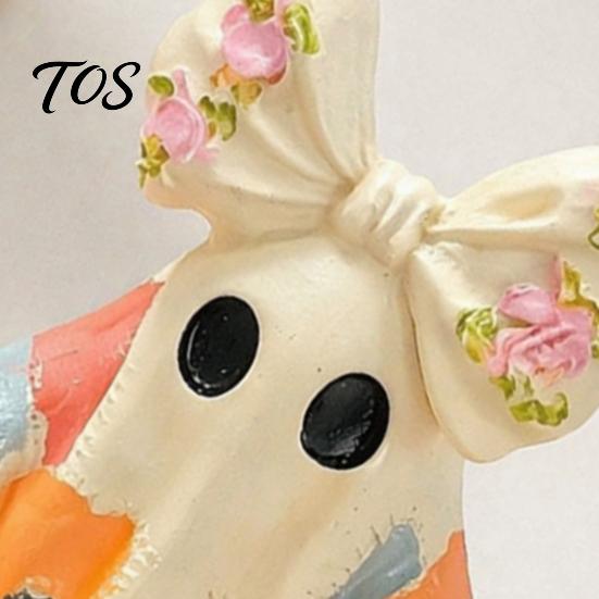 Retro Style Fall Home Decor Halloween Bow Ghost Figurine Tabletop Ornament, Cute Resin Statue with Hand Painted Crafts Pumpkin Basket, Patchwork