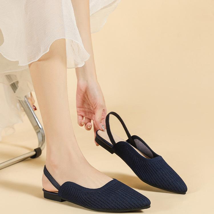 Женские летние туфли большого размера с острым носком и плоской подошвой, повседневные однотонные вязаные сандалии с открытым носком, размер 34-43