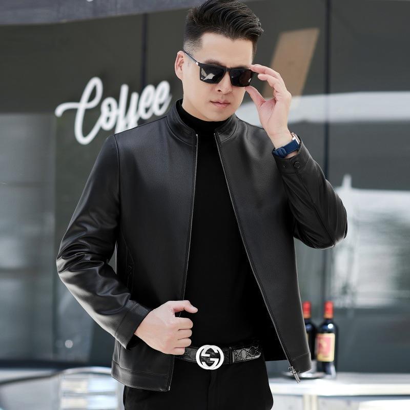 Осенне-зимняя куртка из натуральной кожи, мужская куртка из овчины с воротником-стойкой, короткая, для среднего и пожилого возраста, плюс бархат, большой размер, тонкое пальто