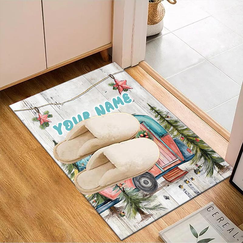 1PC Custom Name Christmas Camper Theme Floor Mat Ideal for Living Room, Game Rooms, Office, Bedroom, Floor Mat Playful Design