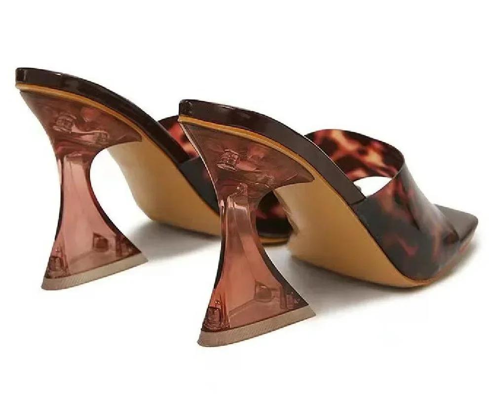 Модные сексуальные/клубные леопардовые ПВХ прозрачные женские тапочки мюли гладиаторские сандалии-слайды летние туфли с открытым носком прозрачные туфли на высоком каблуке