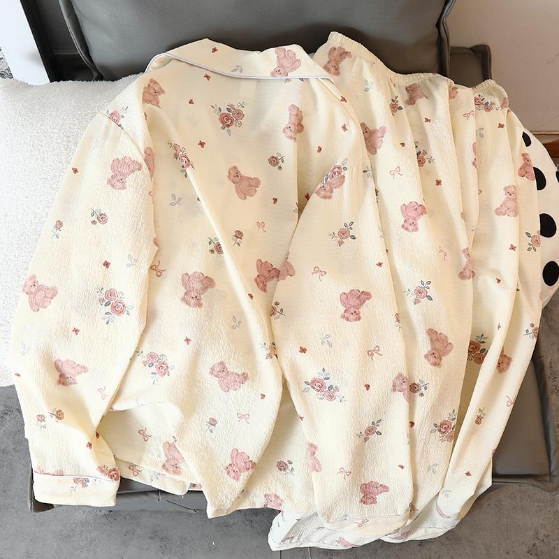 Женский пижамный комплект с рисунком медведя из мультфильма, осенняя пижама для женщин в стиле Харадзюку, повседневная домашняя одежда, одежда для сна