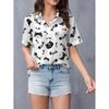 Women's Lapel Collar Button Shirt Full-Body Cat Fishbone Print Short-Sleeve Blouse Daily Office Semi-Formal Spring Summer Fall M