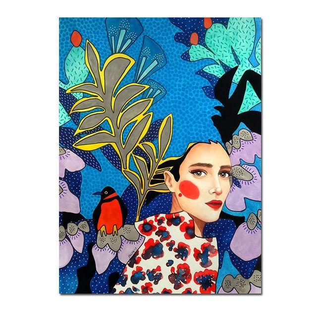 Скандинавская абстрактная девушка, цветок, птица, холст, картина, печать плакатов, винтажная настенная художественная картина для гостиной, домашний декор, Cuadros, без рамки