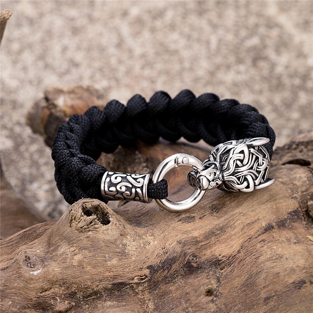 Outdoor Norse Mythology Odins Wolf Bracelet Men Stainless Steel Braided Paracord Rope Wristband Viking Runes Celtic Knot Jewelry