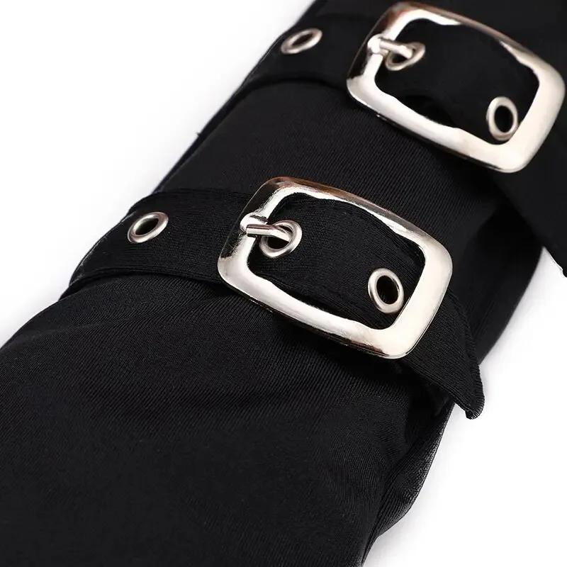 Women Half Finger Metal Buckle Belt Rivet Punk Hip Hop Party Cosplay Dance Mitten Black Fingerless Milk Silk Glove Cuff R46