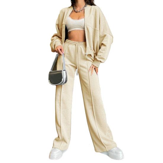 Женский комплект из 2 шт./компл., пальто, брюки, воротник-стойка, застежка-молния с длинным рукавом, свободные эластичные манжеты, высокая эластичная талия, широкие штаны, однотонный женский спортивный костюм