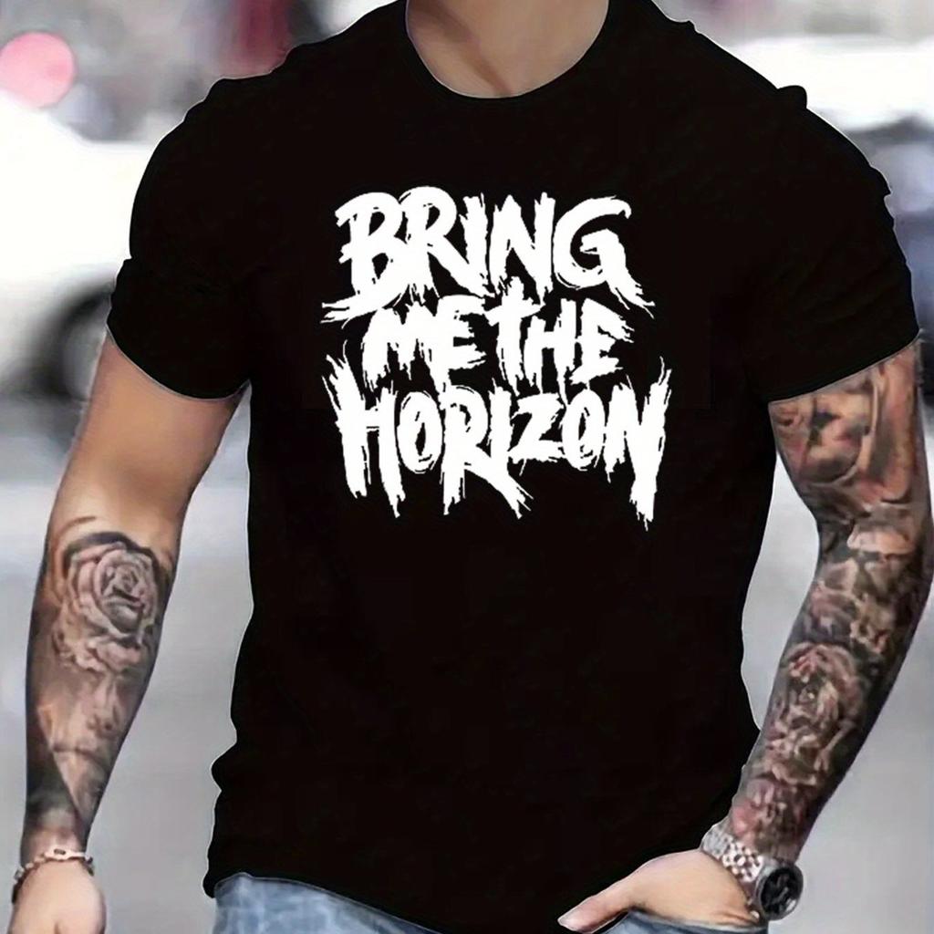BRING THE HORIZON Letter Fun Printed T-shirt for Men's New Fashion Trend Cotton Men's Summer Leisure Short Sleeved T-shirt