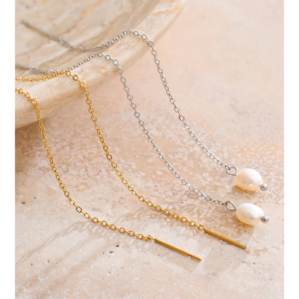 Yhpup Waterproof Stainless Steel Natural Pearls Drop Chain Long Hanging Earrings Temperament Popular Chic Korean Jewelry Gift