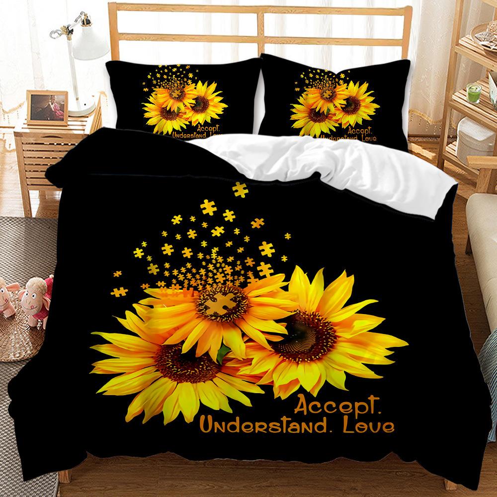 Sunflower pattern design 3D digital printing quilt set three-piece bedding kit