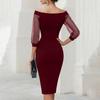 Женское bodycon платье-сетка с открытыми плечами, пэчворк, элегантное, облегающее, midi, с прозрачными рукавами, для летних вечеринок