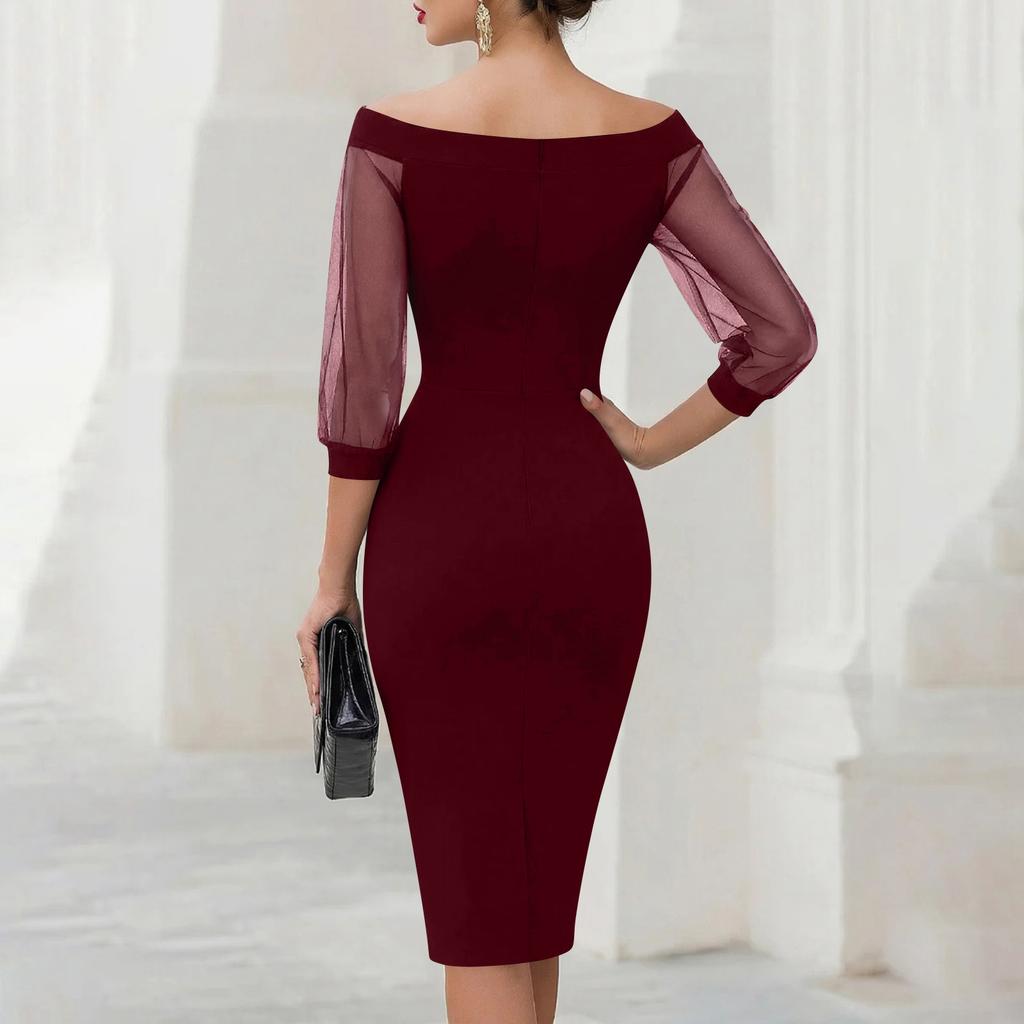 Женское bodycon платье-сетка с открытыми плечами, пэчворк, элегантное, облегающее, midi, с прозрачными рукавами, для летних вечеринок