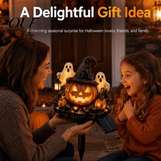 Halloween Pumpkin Lantern Solar Garden Stake Light, Waterproof LED Yard Decoration with Automatic Dusk to Dawn Light Wizard Hat And Ghost, Outdoor