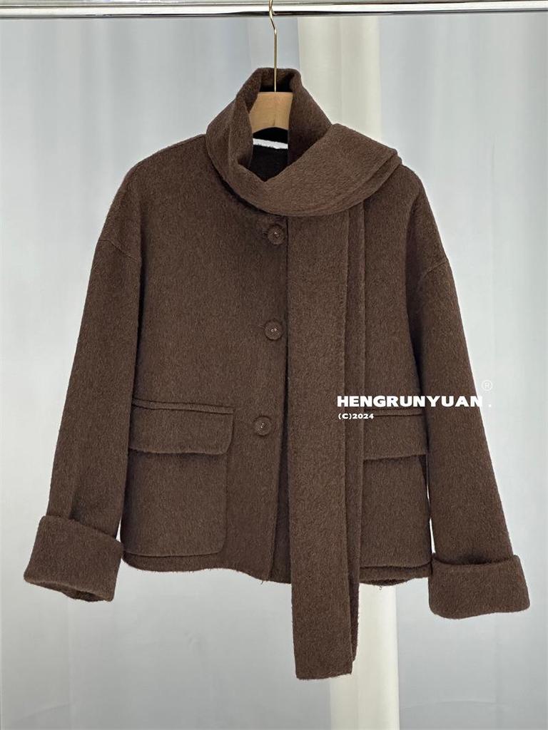 Women's Short Black Plum Purple Double-Sided Cashmere Wool Coat with Scarf Style, Korean Loose Fit