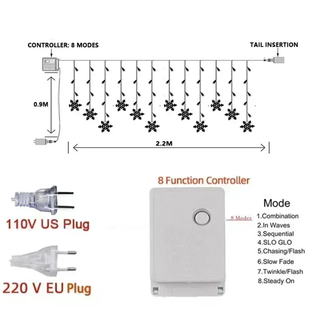 New 3M Christmas Light  Snowflake Curtain Icicle Fairy String Lights Outdoor Garland  Party Garden 2024  Year Decoration